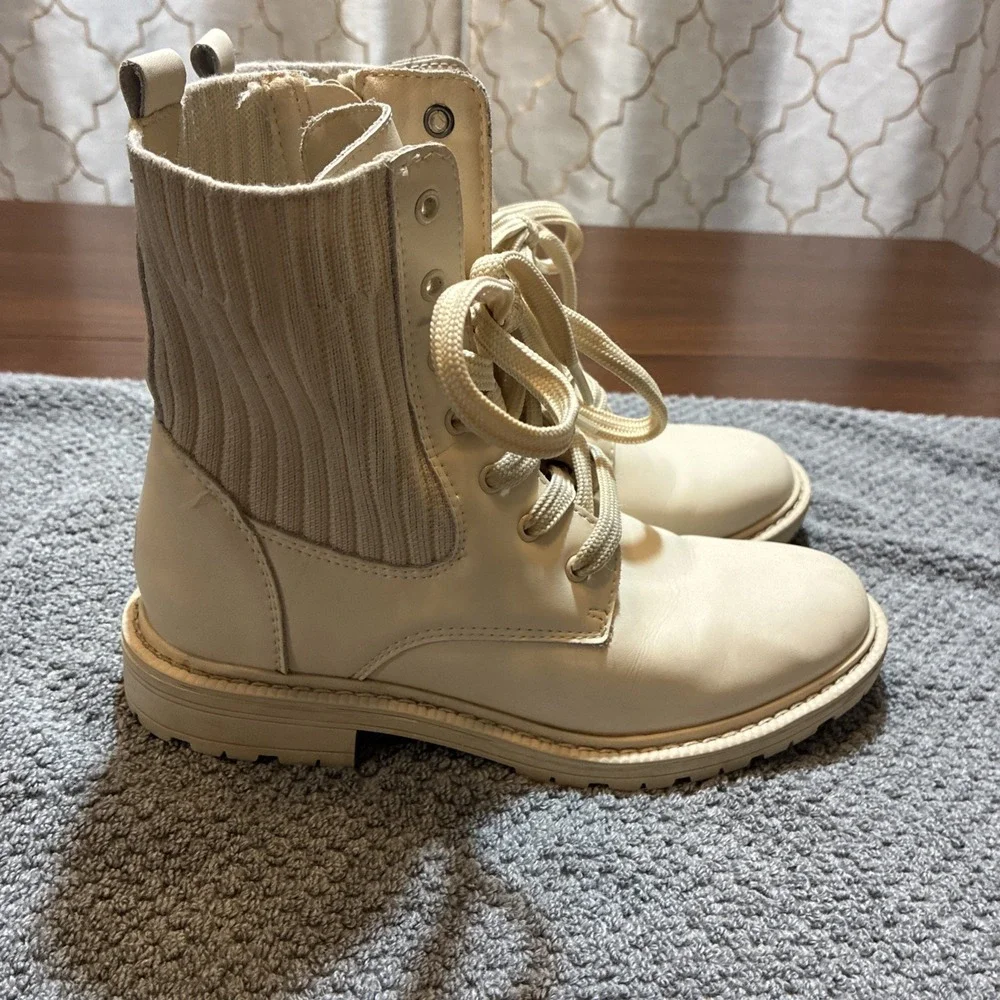 Sam Edelman Boots Girls Sz 3 Ivory Leather Combat Lug Sole Lace Up Zip